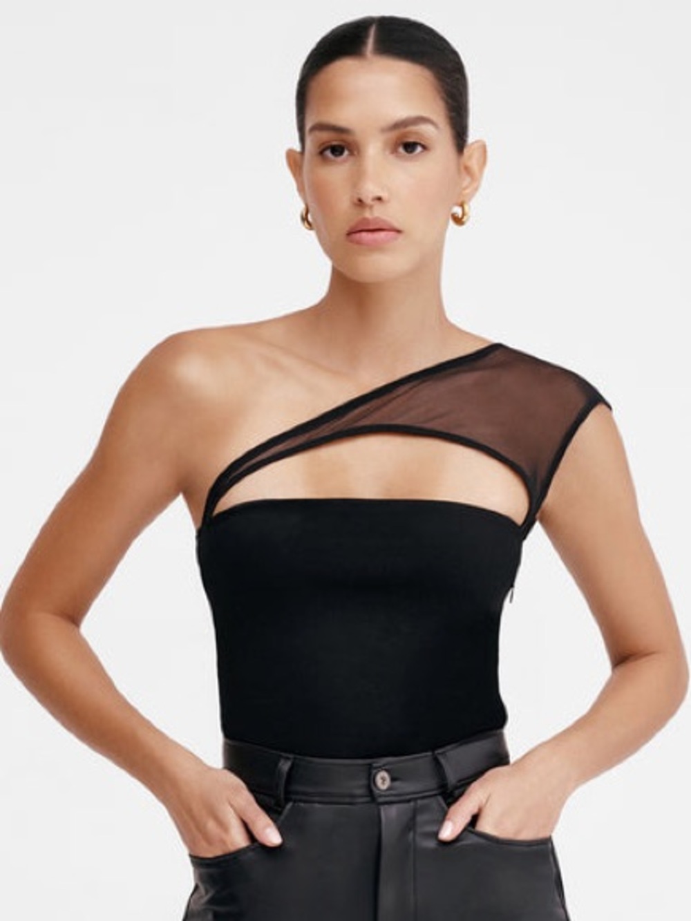 Marcella NYC Parker European Ponte & Luxe Mesh One-Shoulder Top Size Small